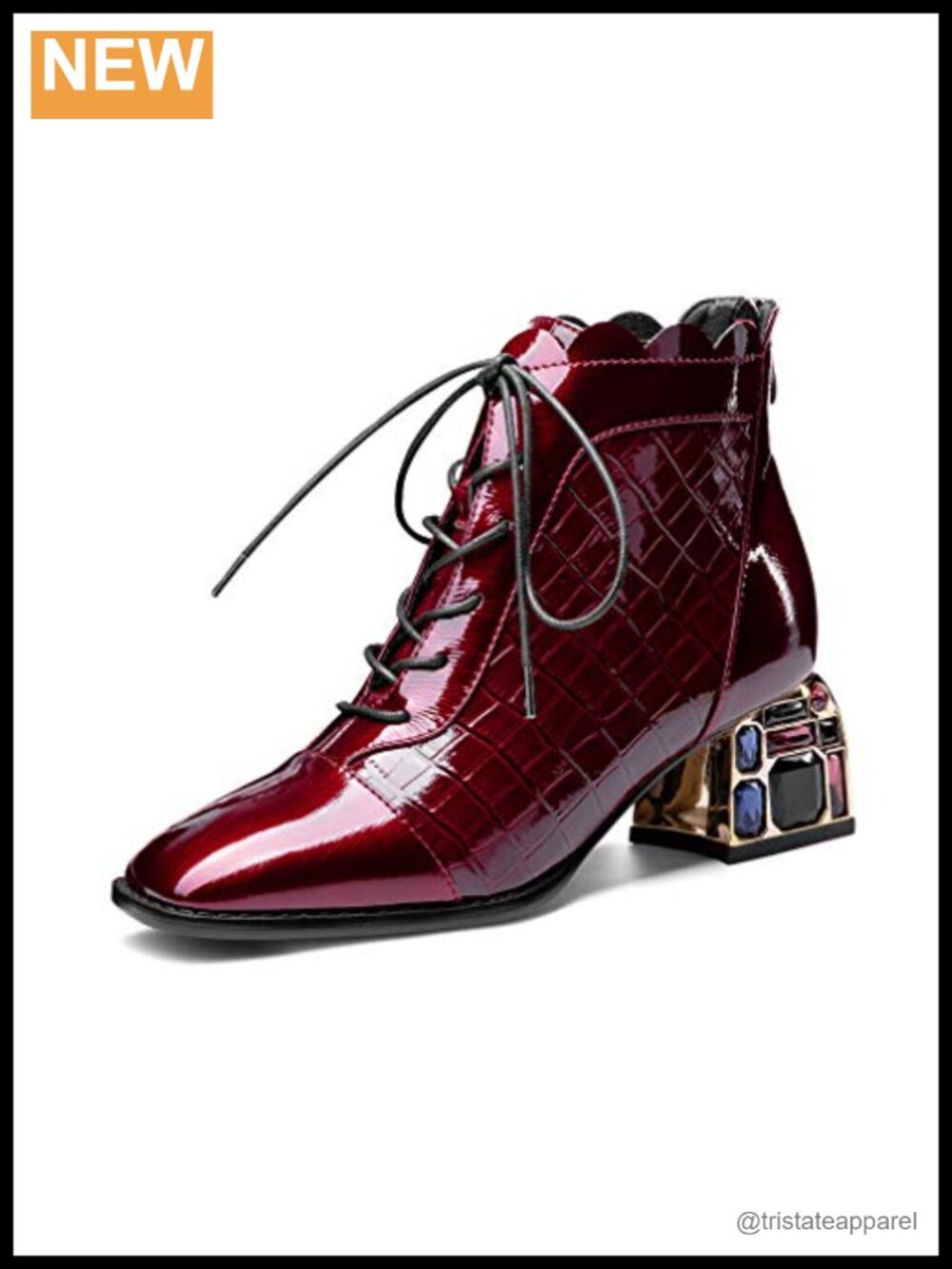 Green Leather Ankle Boots Crystal Mid Heel Back Zipper Round Toe Booties